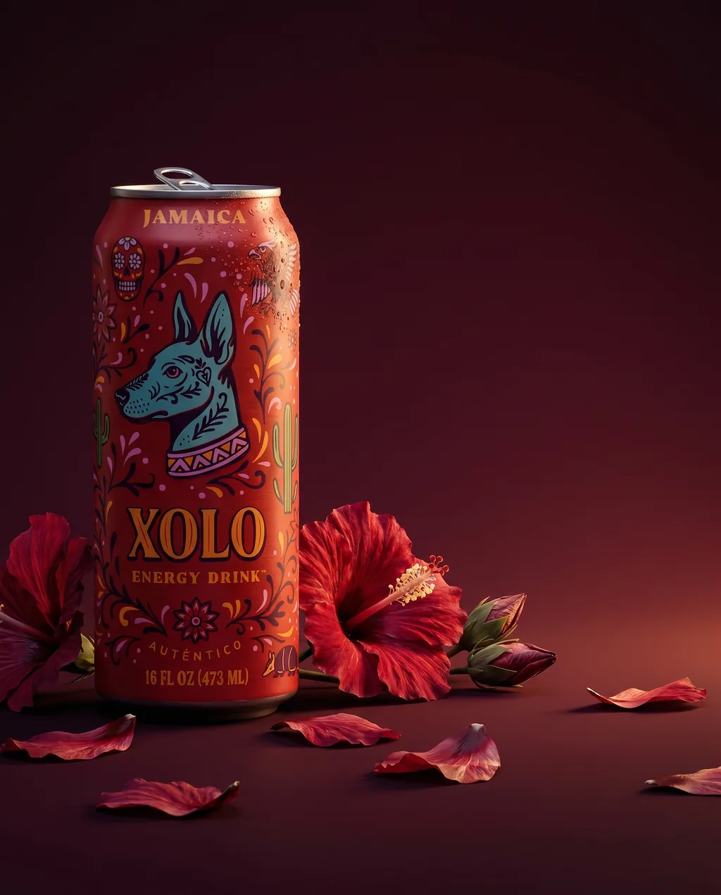 Jamaica XOLO Energy Drink with ingredient still-life