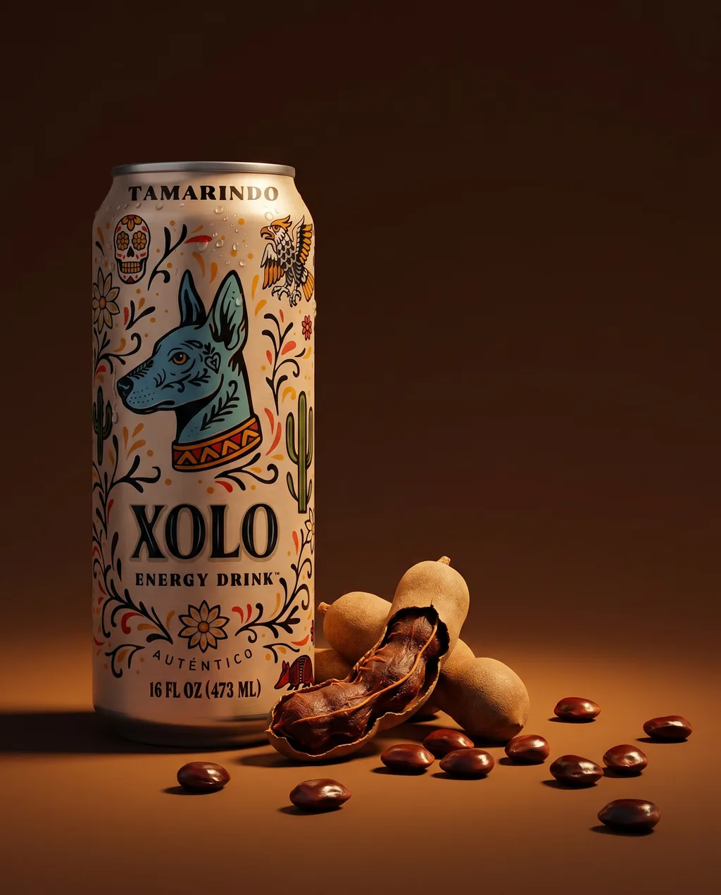 Tamarindo XOLO Energy Drink with ingredient still-life